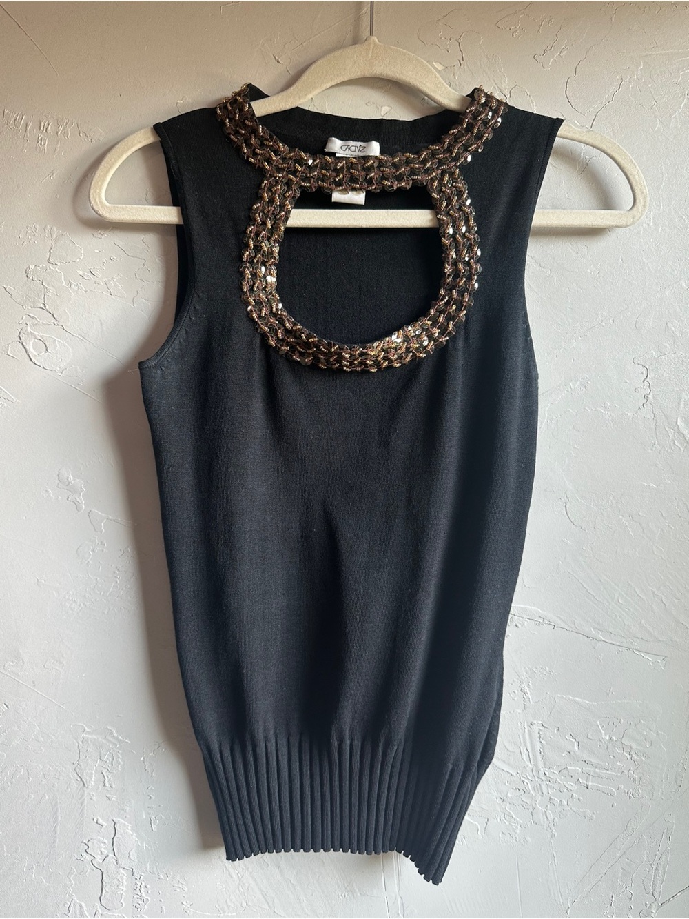Y2K Cache Black Silk Blend Beaded Sequin Cutout Neck Tank Top Small - Picture 2 of 8
